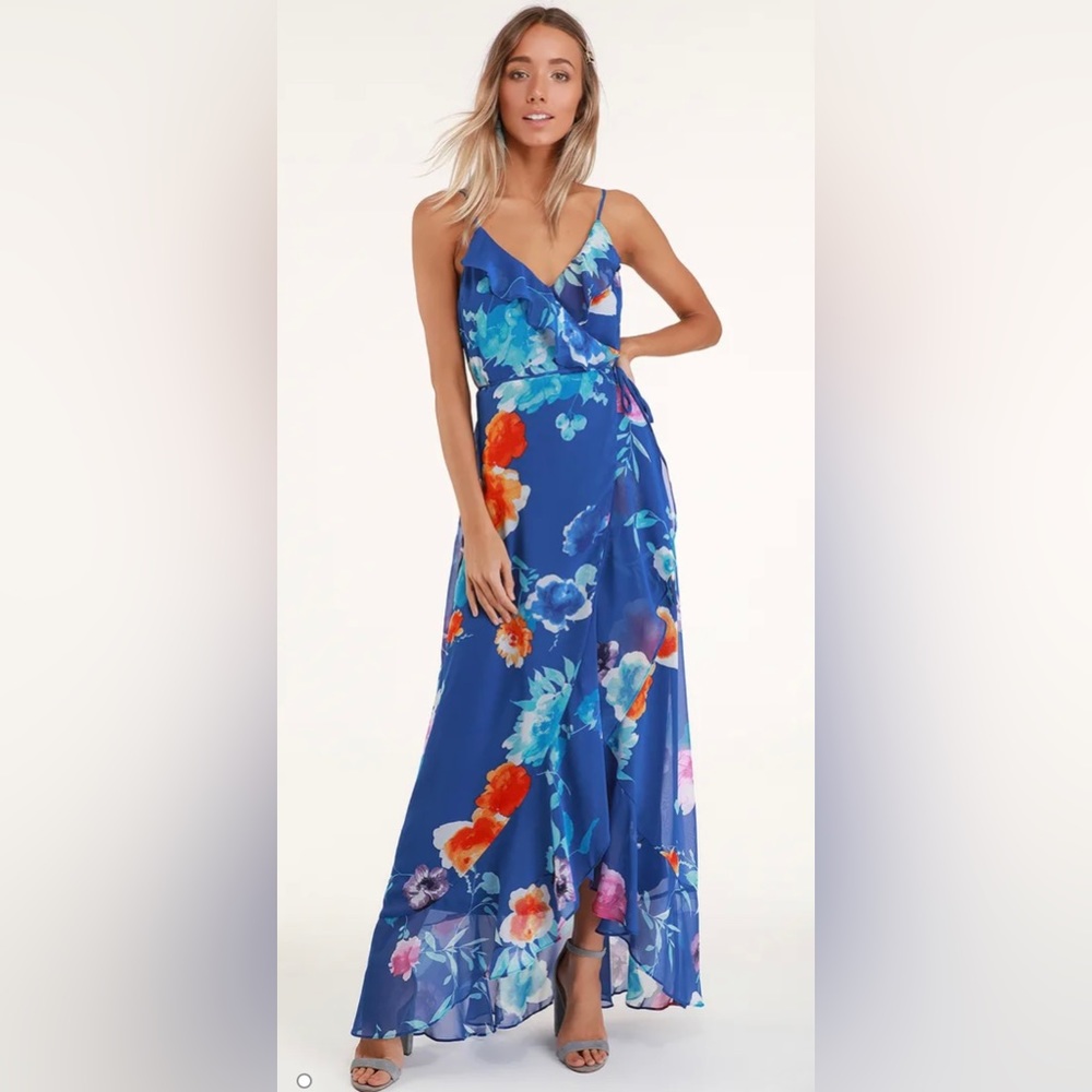 NWOT Lulus Ladean Royal Blue Floral Print Ruffled Wrap Maxi Dress size s